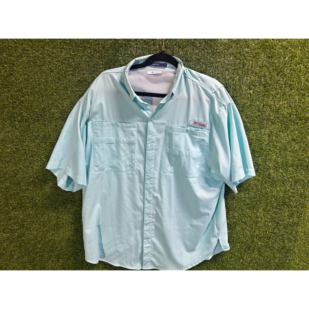 Columbia PFG Tamiami Men's L Light Blue Short Sleeve Polyester Pocket Shirt